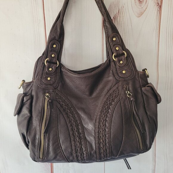 Montana West Handbags - Montana West Braided Vegan Leather Concealed Carry Shoulder Hobo Bag Purse Brown